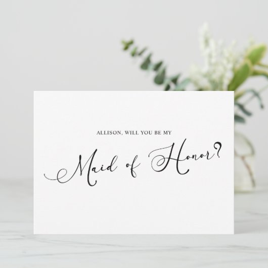 Zwart Modern Simple Script Be My Maid of Honor Kaart (Staand voorkant)