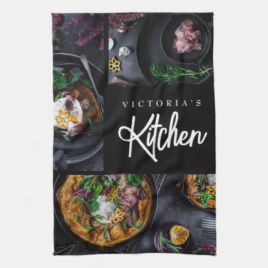 Zwart Modern Stijlvol Typografie Custom Photo Theedoek (Verticaal)