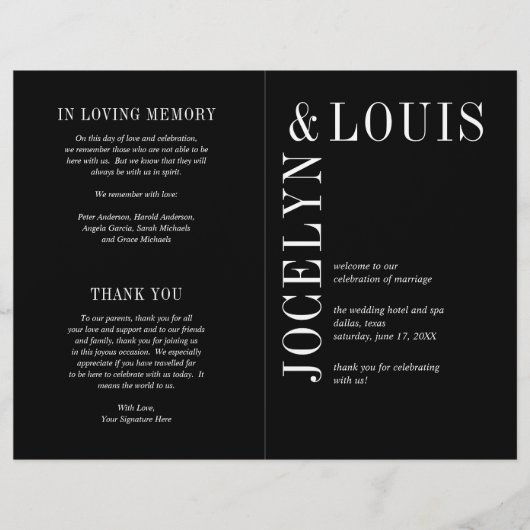 Zwart modern trouwprogramma met vetgedrukte letter flyer (Voorkant)