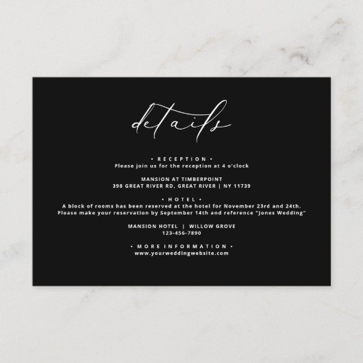 Zwart Moderne Elegante Kalligrafie Trouwdetails Informatiekaartje (Voorkant)