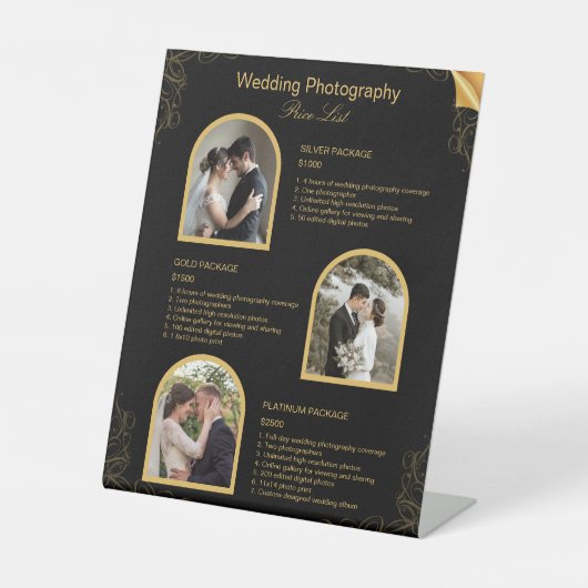 Zwart Moderne Huwelijksfotografie prijslijst Reclamebord Met Voetstuk (Voorkant)