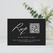 Zwart Moderne Kalligrafie Bruiloft QR-code RSVP Kaartje (Staand voorkant)