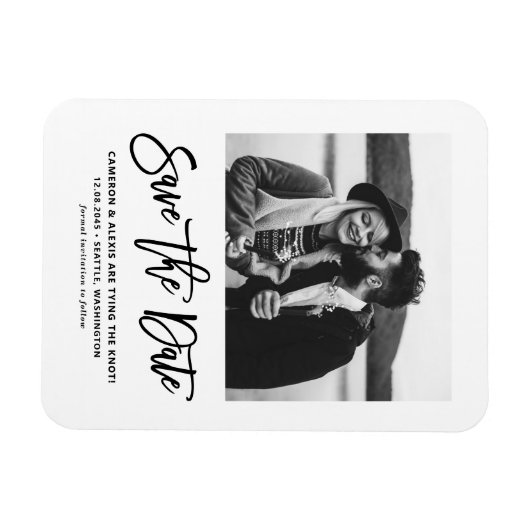 Zwart Moderne Kalligrafie Foto Save the Date Magneet (Horizontaal)