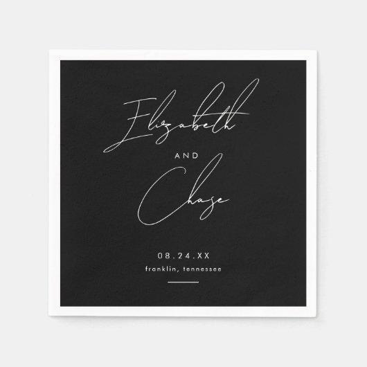 Zwart Moderne Kalligrafie Namen Stijlvolle Bruilof Servet (Voorkant)