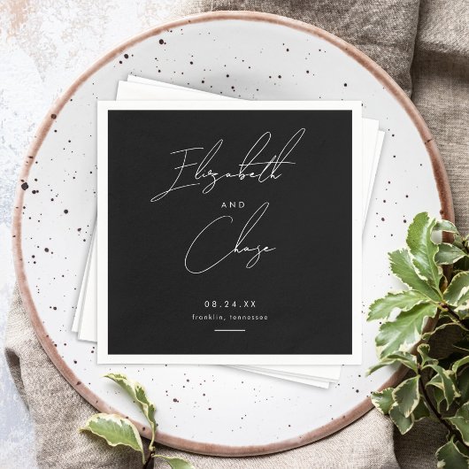 Zwart Moderne Kalligrafie Namen Stijlvolle Bruilof Servet