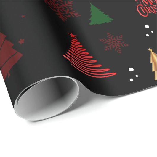Zwart Moderne Kerstboom en Sneeuwvlokken Gift Cadeaupapier (Rol Hoek)