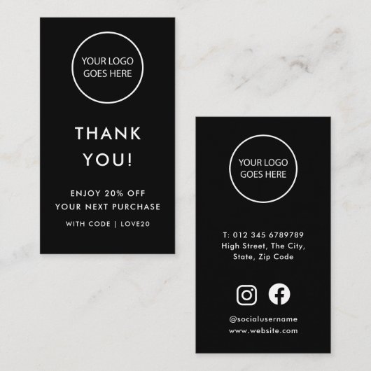 Zwart Moderne Minimalist Dank u wel Kortingskaartje (Voorkant / Achterkant)