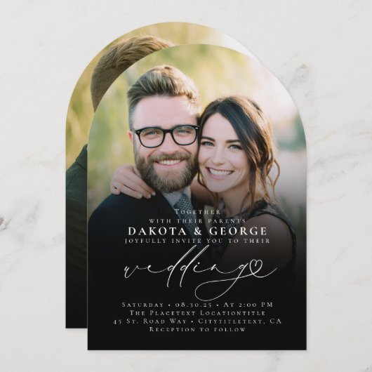 Zwart Moderne Minimalistische Hart Script Trouwfot Kaart (Voorkant / Achterkant)