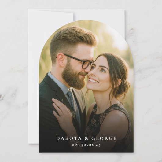 Zwart Moderne Minimalistische Hart Script Trouwfot Kaart (Achterkant)