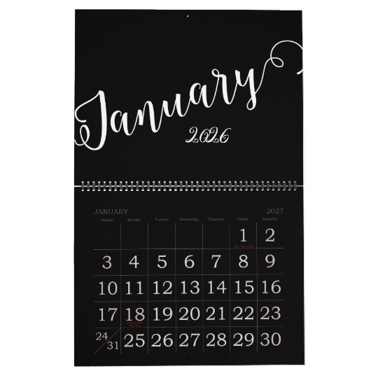 Zwart | Moderne, Minimalistische Kalender (Jan 2027)
