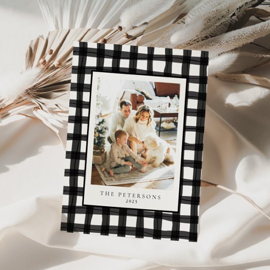 Zwart Moderne Retro Plakken Familie Foto Xmas Feestdagenkaart
