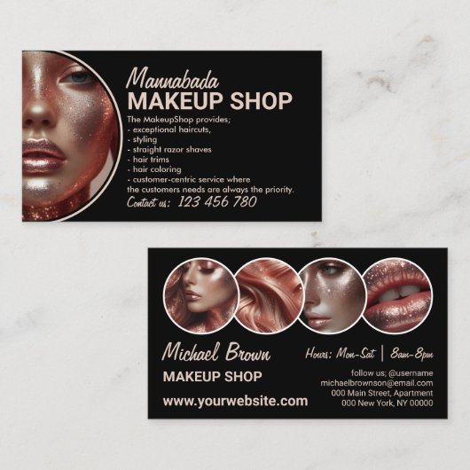Zwart Moderne Stijl Aangepaste Fotomake-up Visitekaartje (Voorkant / Achterkant)