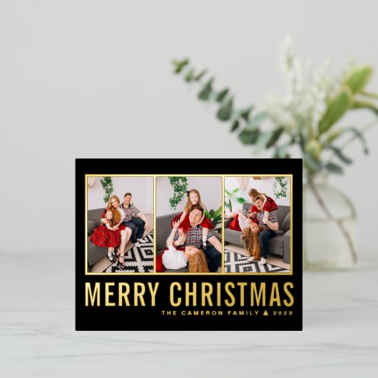 Zwart Moderne Typografie Fotocollage Kerstmis Folie Feestdagen Briefkaart (Staand Voorkant)