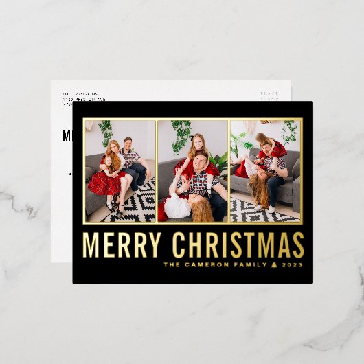 Zwart Moderne Typografie Fotocollage Kerstmis Folie Feestdagen Briefkaart (Voorkant / Achterkant)