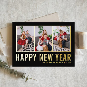 Zwart Moderne Typografie Fotocollage Nieuwjaar Folie Feestdagenkaart