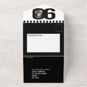 Zwart mono fotocirkels strepen 90th Birthday All In One Uitnodiging (Buitenkant)