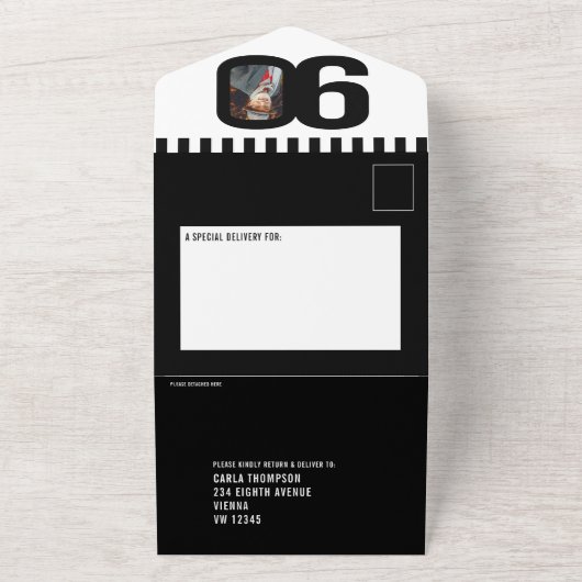 Zwart mono fotocirkels strepen 90th Birthday All In One Uitnodiging (Buitenkant)