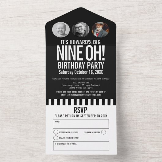 Zwart mono fotocirkels strepen 90th Birthday All In One Uitnodiging (Binnen)