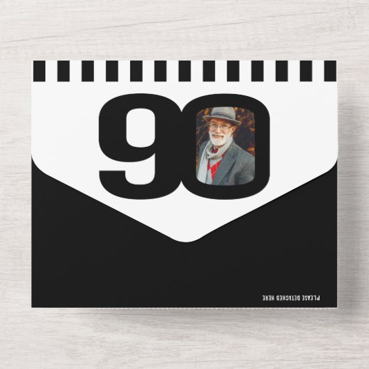 Zwart mono fotocirkels strepen 90th Birthday All In One Uitnodiging (Achterkant)