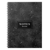 Zwart monochromatische glitterachtergrondtekenstri notitieboek (Voorkant)