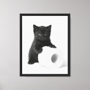 Zwart monochroom kitten bewaakt toiletpapier canvas afdruk
