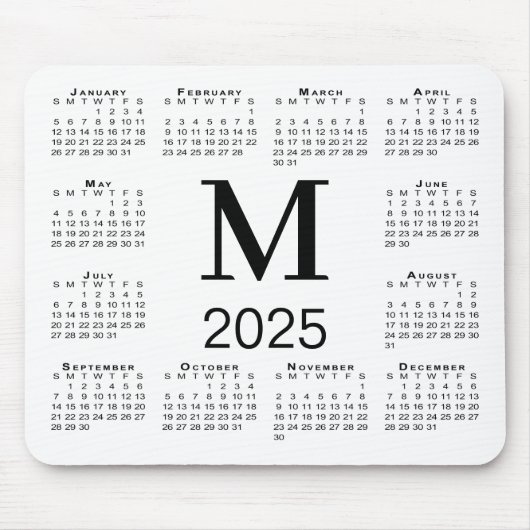 Zwart Monogram 2025 Kalender op Wit Muismat (Voorkant)