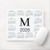 Zwart Monogram 2026 Agenda op Wit Muismat (Met muis)