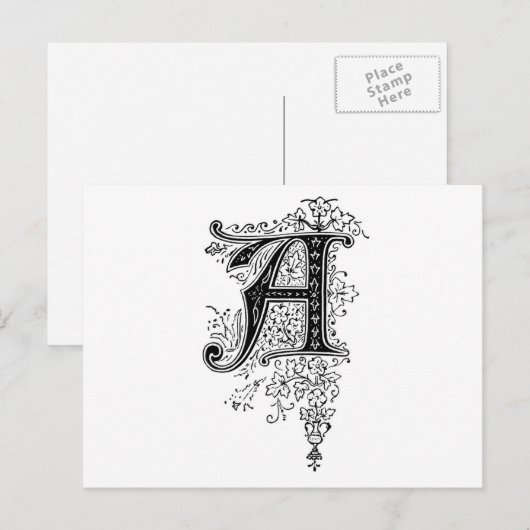 Zwart  monogram A Script Floral Briefkaart (Voorkant / Achterkant)