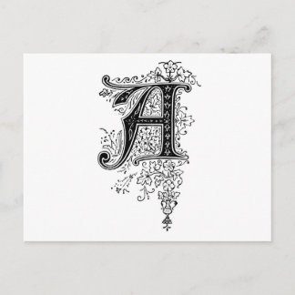 Zwart  monogram A Script Floral Briefkaart