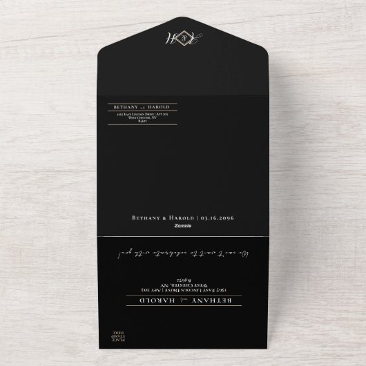 Zwart Monogram Alles in Een Huwelijksuitnodiging All In One Uitnodiging (Buitenkant)