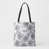 Zwart Monogram Bloemen Elegante Botanische Bloemen Tote Bag (Voorkant)