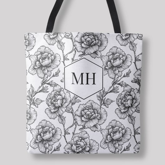 Zwart Monogram Bloemen Elegante Botanische Bloemen Tote Bag