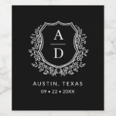 Zwart Monogram Bruiloft Bloemen Crest Wijn Etiket (Enkel label)