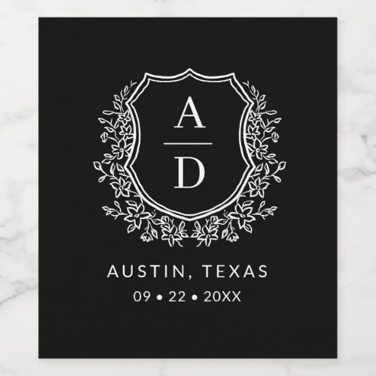 Zwart Monogram Bruiloft Bloemen Crest Wijn Etiket (Enkel label)