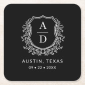 Zwart Monogram Bruiloft Floral Crest Elegant Kartonnen Onderzetters (Voorkant)