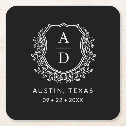 Zwart Monogram Bruiloft Floral Crest Elegant Kartonnen Onderzetters (Voorkant)