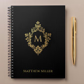 Zwart Monogram Elegante  Faux Gold Crest Naam Notitieboek