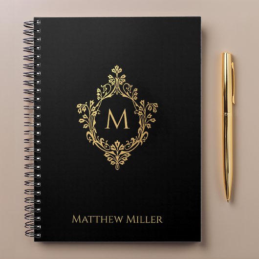 Zwart Monogram Elegante Faux Gold Crest Naam Notitieboek