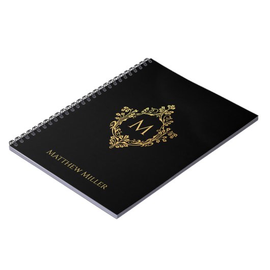 Zwart Monogram Elegante  Faux Gold Crest Naam Notitieboek (Linkerzijde)