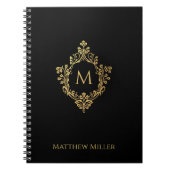 Zwart Monogram Elegante Faux Gold Crest Naam Notitieboek (Voorkant)