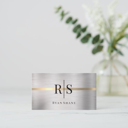 Zwart monogram en naam, geborsteld zilver en goud, visitekaartje (Staand voorkant)