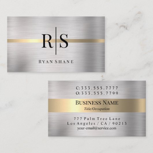Zwart monogram en naam, geborsteld zilver en goud, visitekaartje (Voorkant / Achterkant)