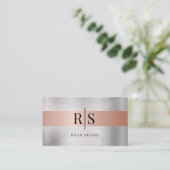 Zwart monogram en naam, geborsteld zilver en Roos  Visitekaartje (Staand voorkant)