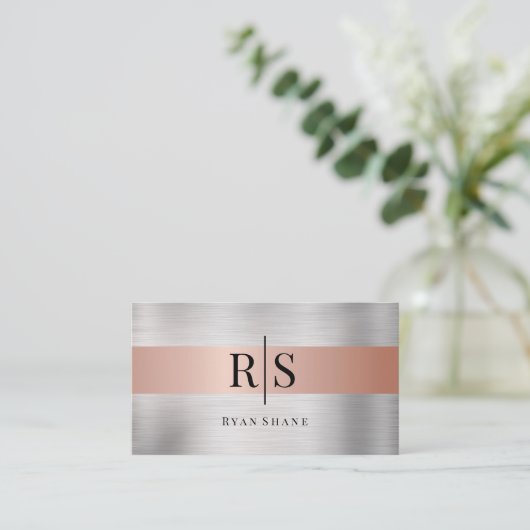 Zwart monogram en naam, geborsteld zilver en Roos Visitekaartje (Staand voorkant)