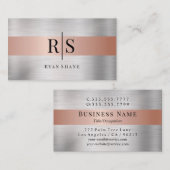 Zwart monogram en naam, geborsteld zilver en Roos  Visitekaartje (Voorkant / Achterkant)