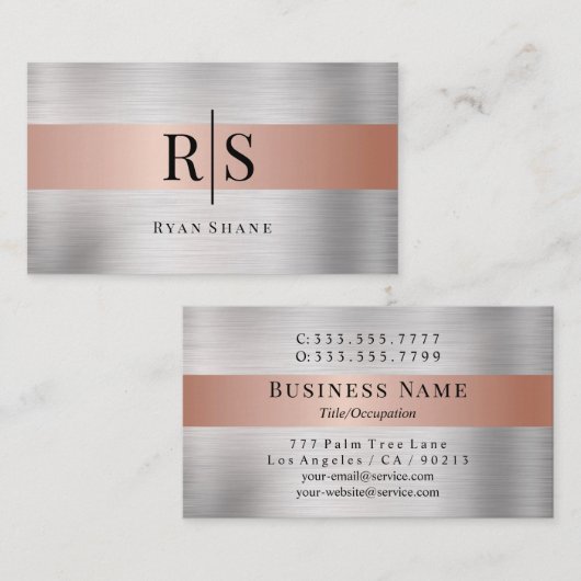 Zwart monogram en naam, geborsteld zilver en Roos Visitekaartje (Voorkant / Achterkant)