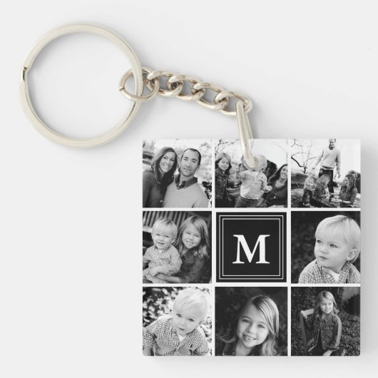 Zwart monogram Familie Foto Collage Sleutelhanger (voorkant)