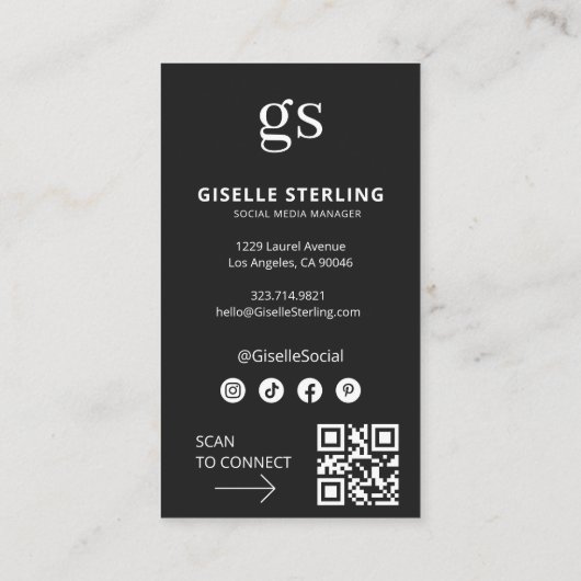 Zwart Monogram Foto Sociale Media QR Code Visitekaartje (Achterkant)