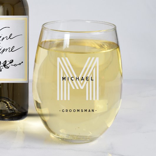 Zwart Monogram Groomsman Bruiloft Bachelor Party Wijnglas Zonder Voet