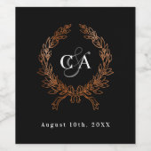 Zwart monogram initialen krans roos gouden bruilof wijn etiket (Enkel label)